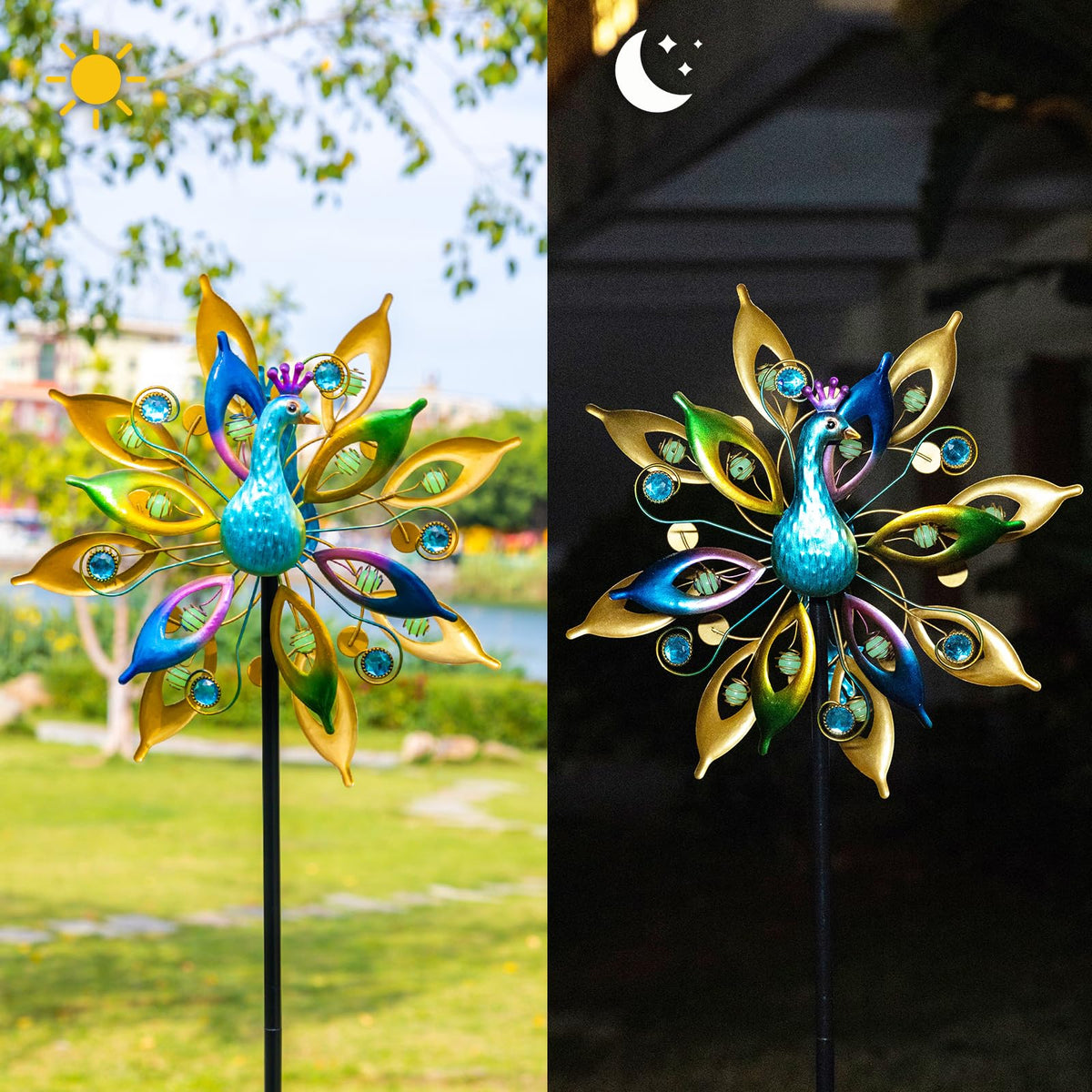 Dreamysoul gem bead accents catch light on the peacock wind spinner