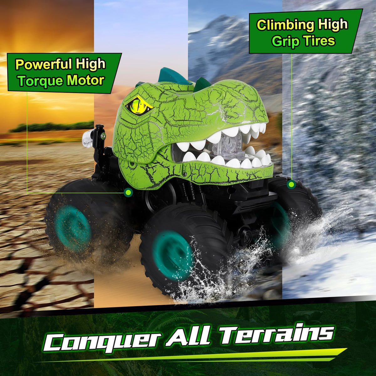 Drefirsa Dino Monster Truck’s vibrant lights spark curiosity during indoor or outdoor sessions.