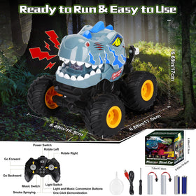 Drefirsa dinosaur RC stunt car 360-rotation demo demonstrates impressive spins.