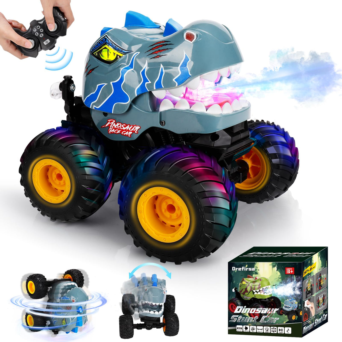 Drefirsa dinosaur RC stunt car front view highlights sturdy build for indoor and outdoor play.