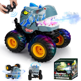 Drefirsa dinosaur RC stunt car front view highlights sturdy build for indoor and outdoor play.