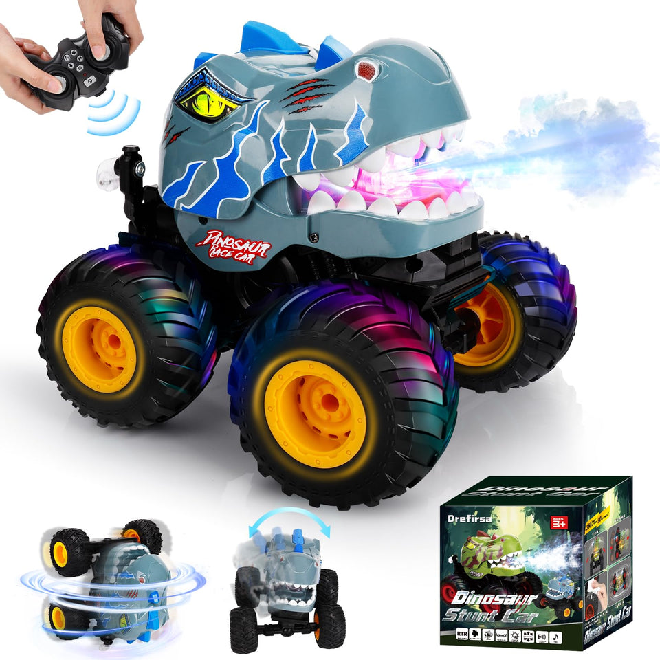 Drefirsa dinosaur RC stunt car front view highlights sturdy build for indoor and outdoor play.