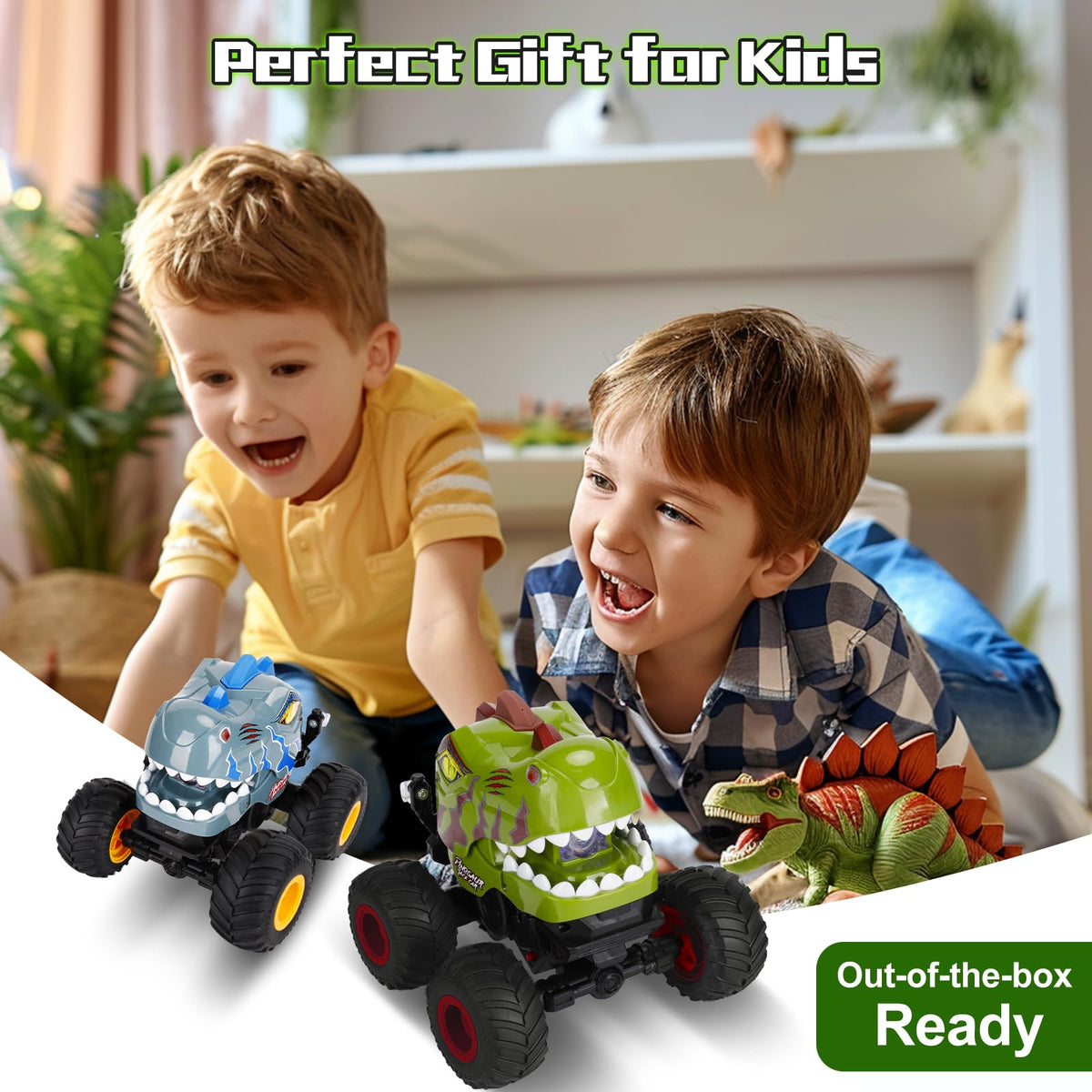 Drefirsa dinosaur RC stunt car kids playing indoors and outdoors with friends.