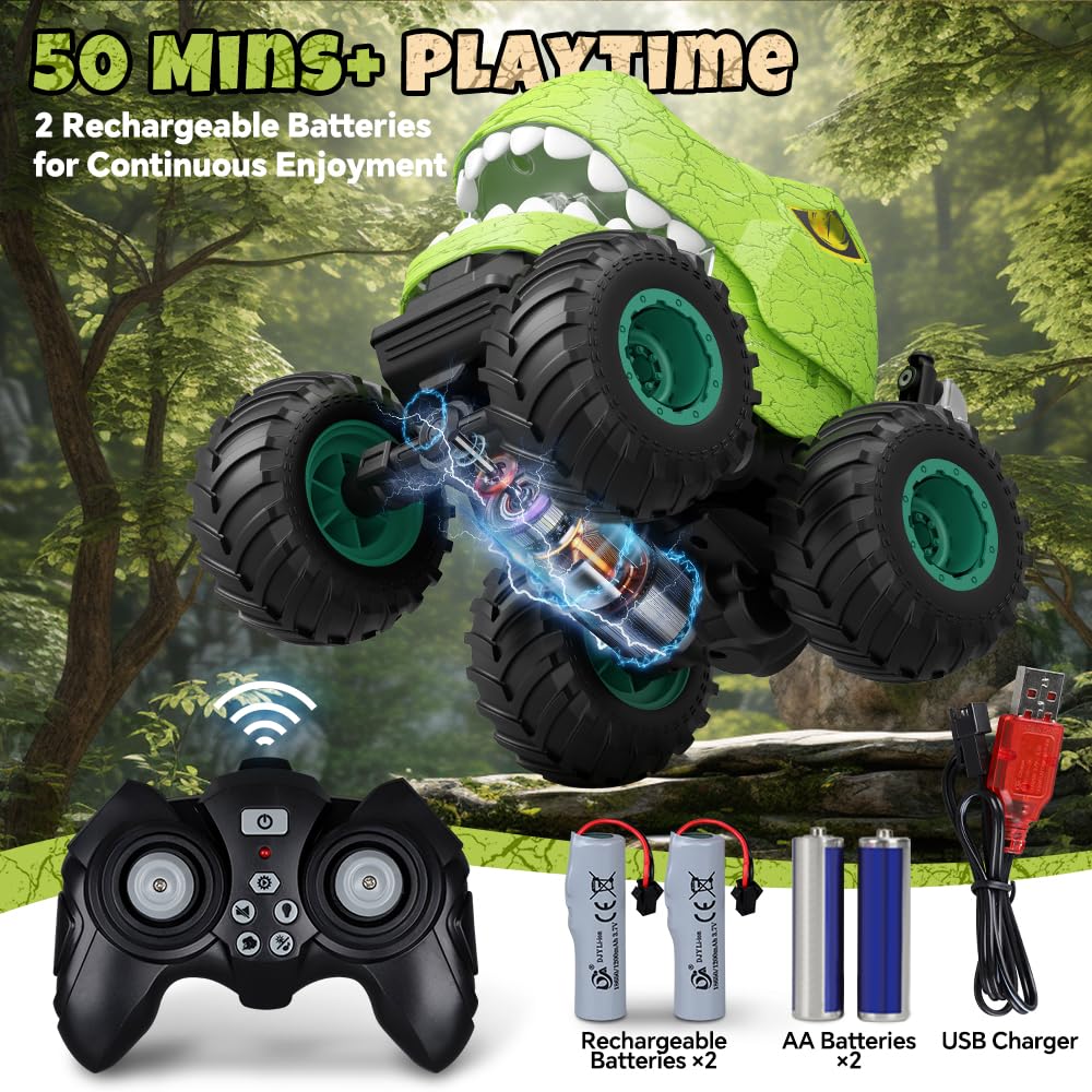 Drefirsa dinosaur RC stunt car rear view shows rugged tires for versatile terrain.