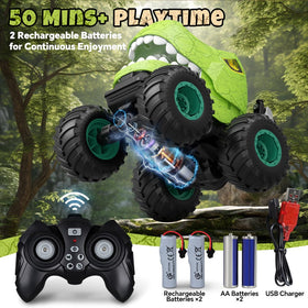 Drefirsa dinosaur RC stunt car rear view shows rugged tires for versatile terrain.