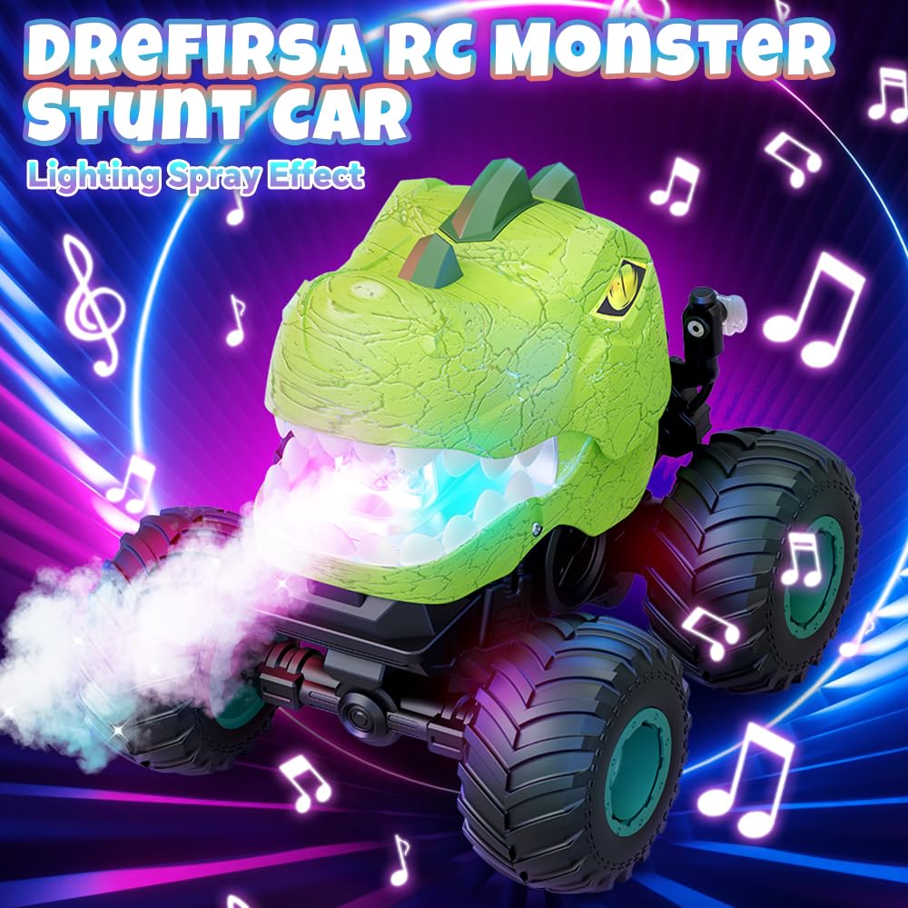 Drefirsa dinosaur RC stunt car tire close-up shows reliable grip for smooth turns.
