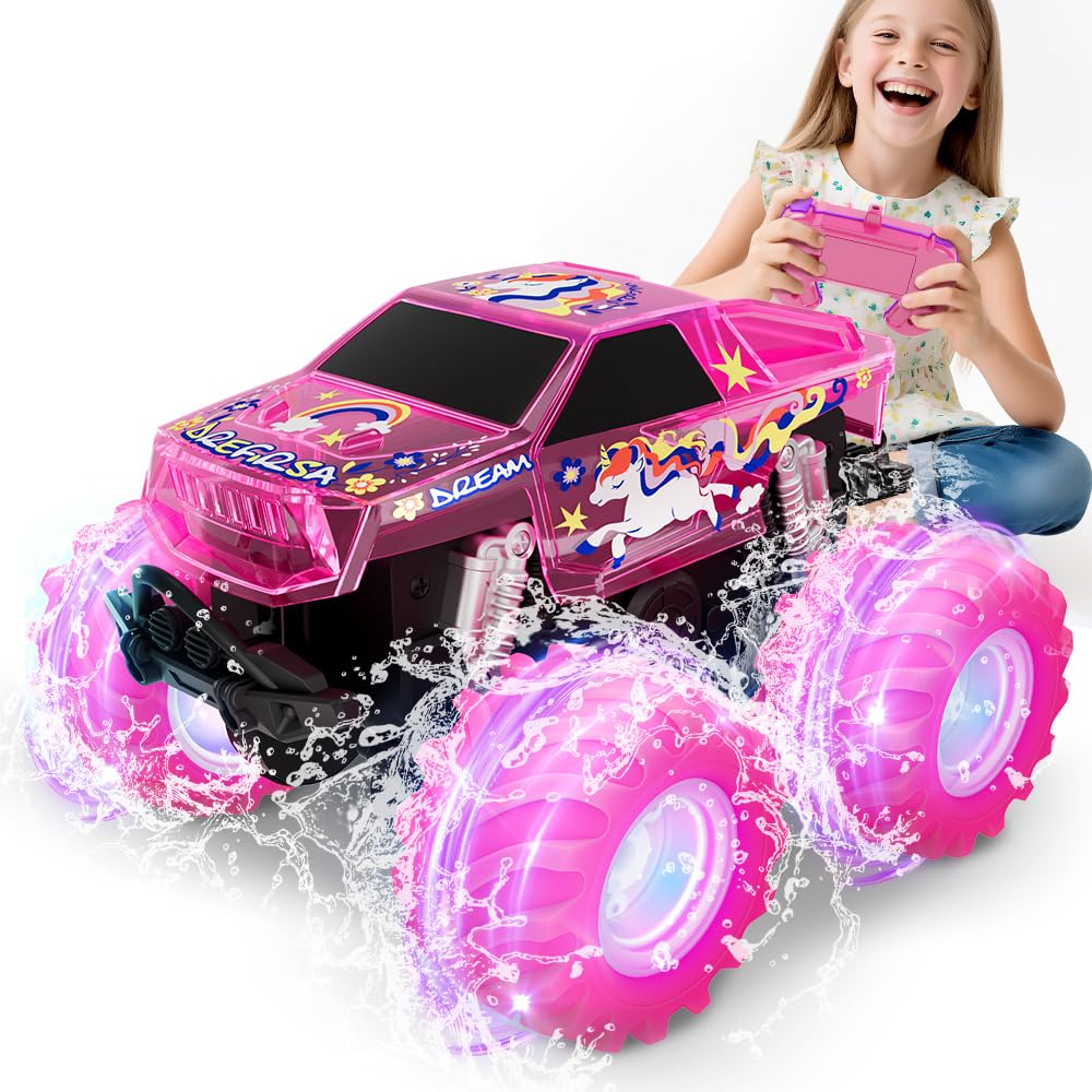 Drefirsa Pink Monster Truck with LED lights for vibrant nighttime stunts.