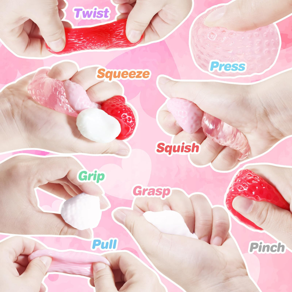 Drephere strawberry taba squishy in use for stress relief during work or study