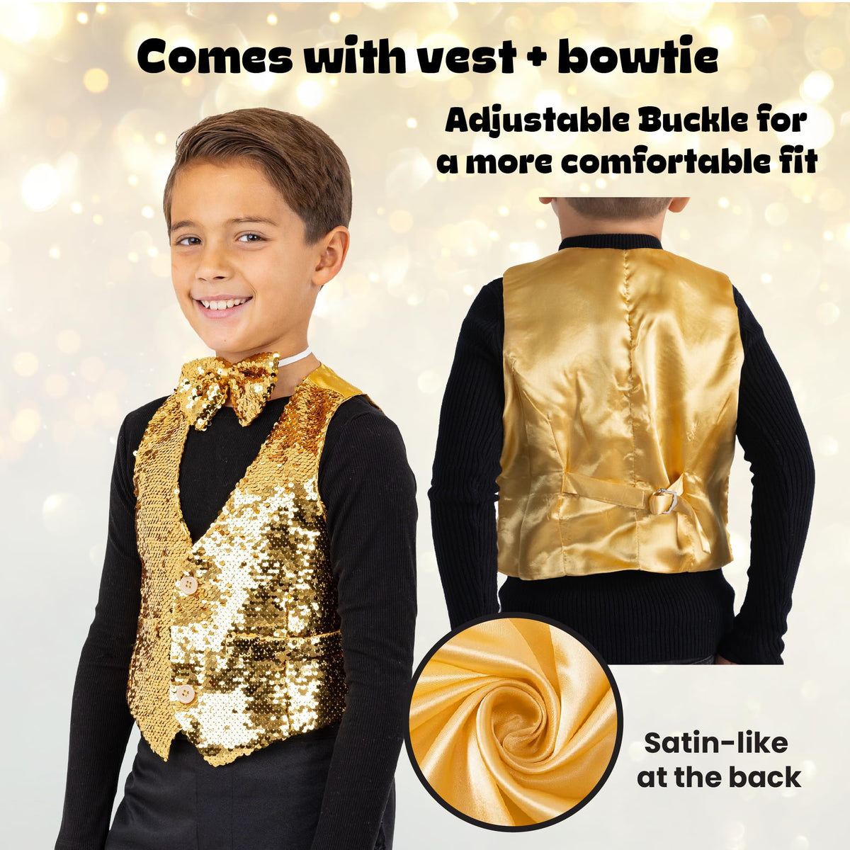 Dress Up America gold sequin vest back view showing satin backing for comfort.