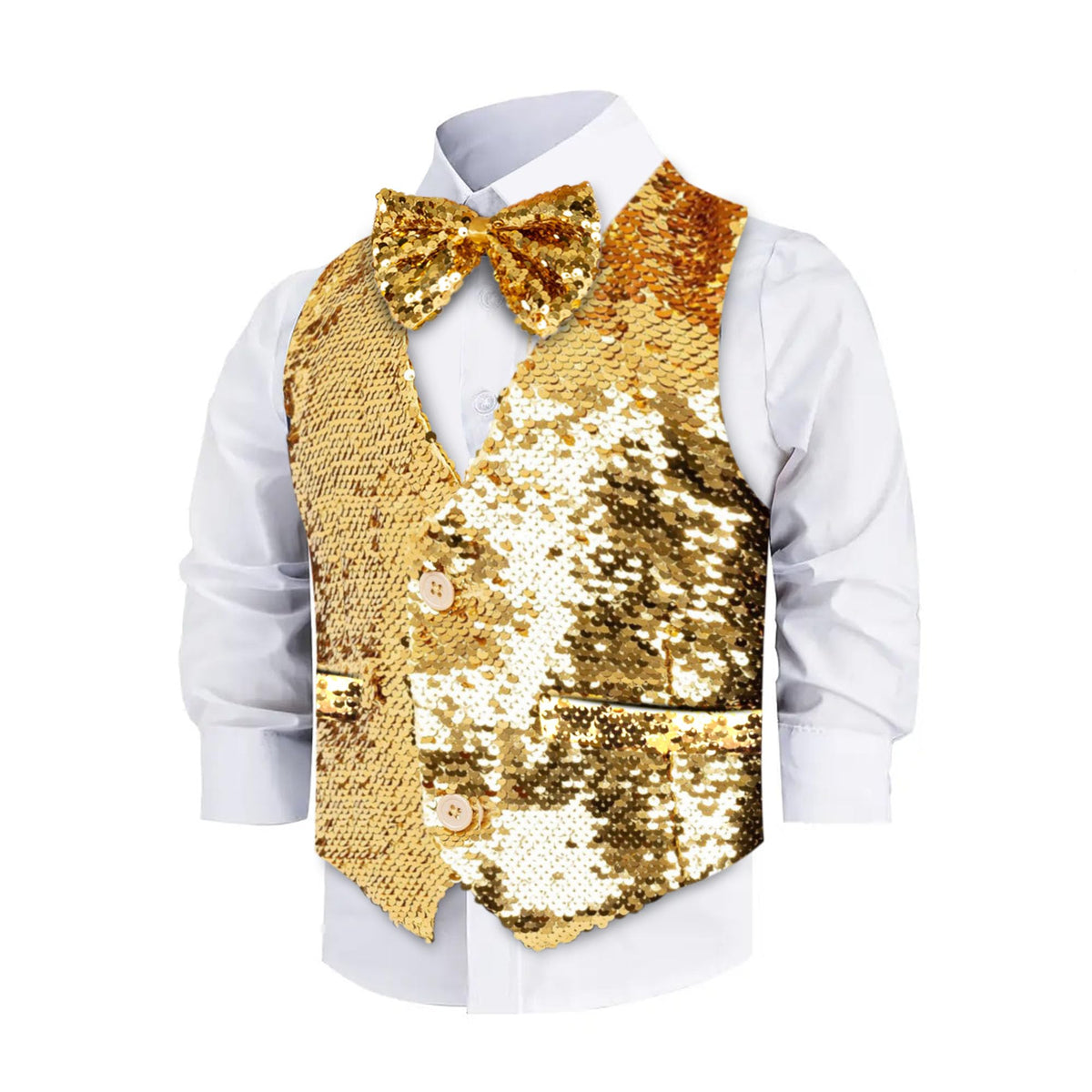 Dress Up America boys sequin vest with bowtie gold front view, ideal for festive performances.