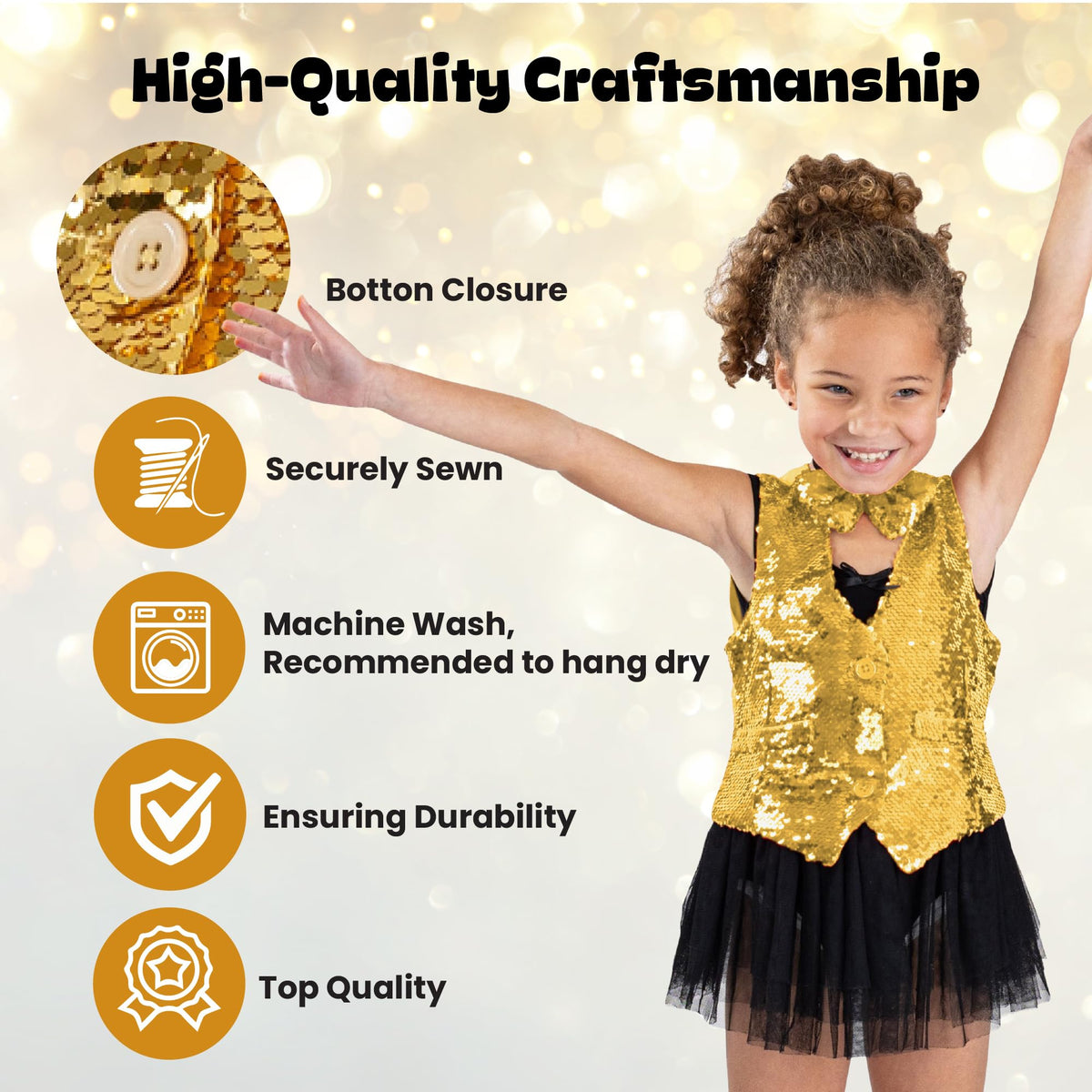 Dress Up America sequin vest adjustable buckle ensures a great fit for kids.