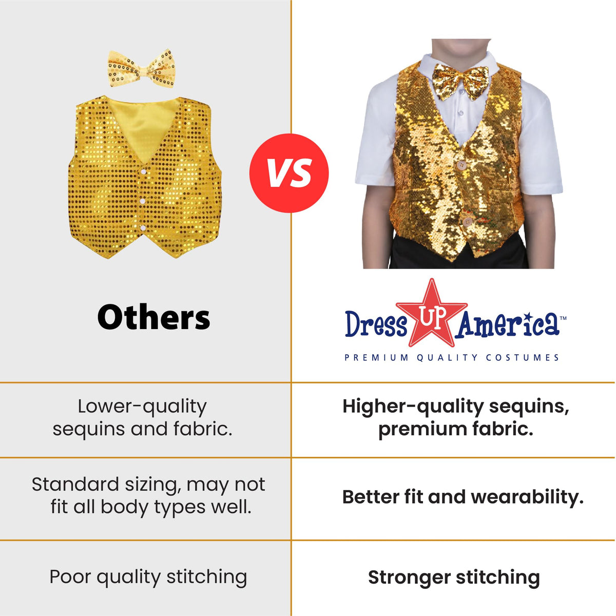 Dress Up America sequin vest sizes range junior to adult for family events.