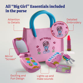 Dress Up America handbag with colorful keys supports storytelling and dressing-up play.