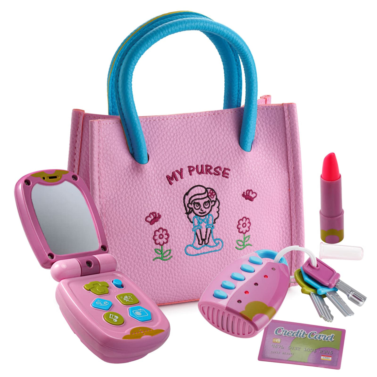 Dress Up America toddler purse with pretend phone for imaginative play and fine motor skills.