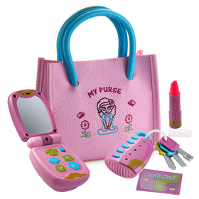 Dress Up America toddler purse with pretend phone for imaginative play and fine motor skills.