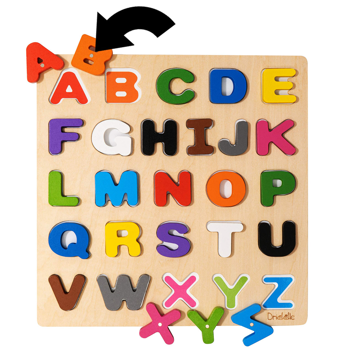 Driddle magnetic ABC puzzle wooden front view promotes alphabet exploration and color awareness.