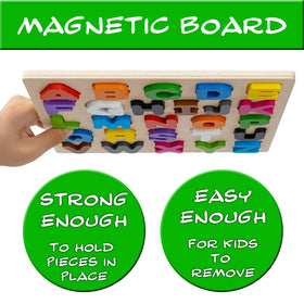 Driddle magnetic ABC puzzle wooden side view shows durable construction for toddlers.