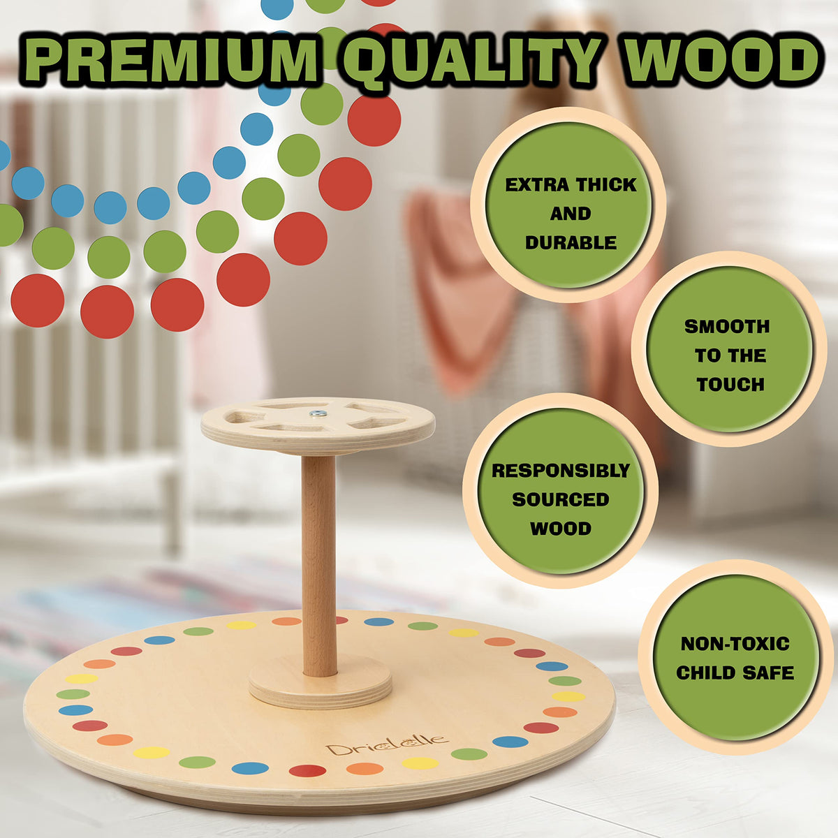 Driddle Wooden Spinner Seat uses durable wood and metal components for longevity.
