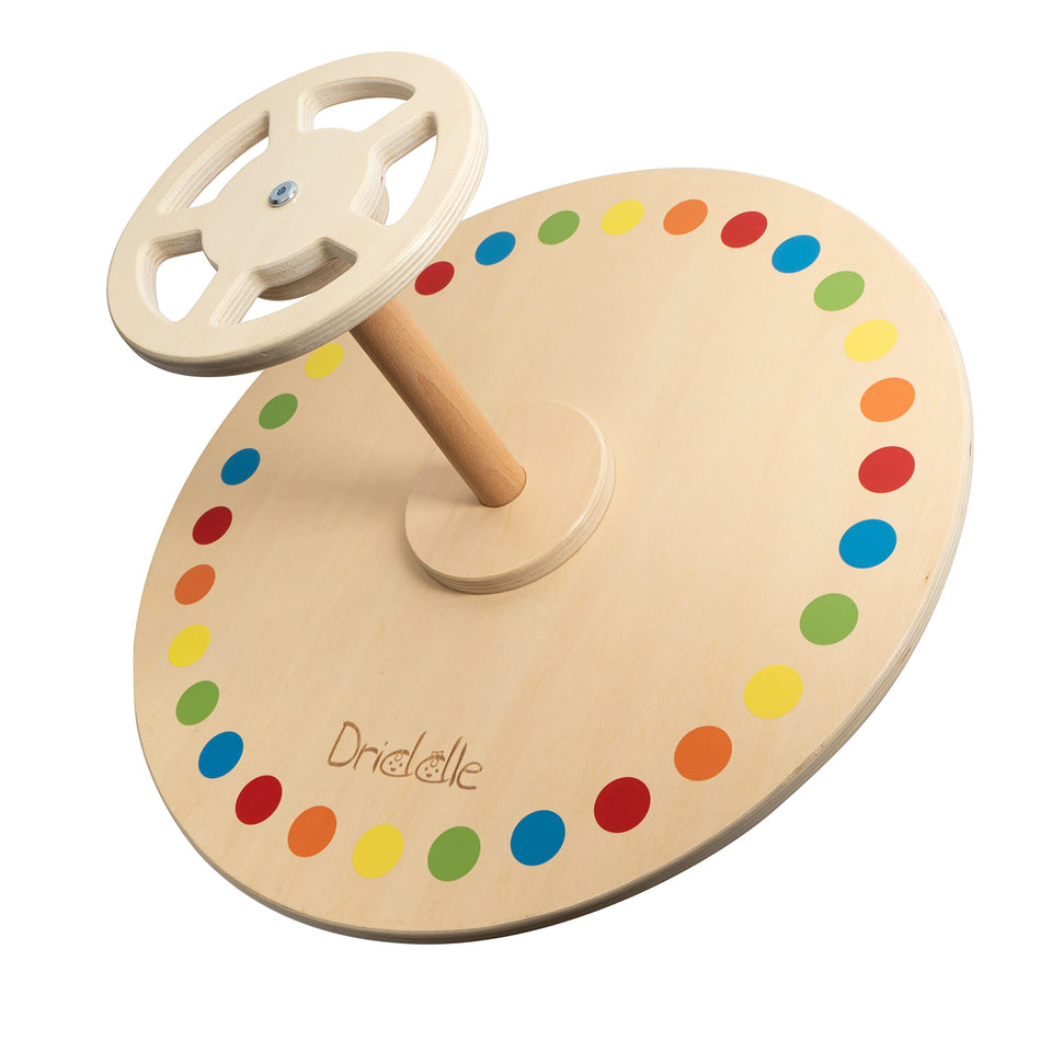 Driddle Wooden Spinner Seat front view highlights sturdy build for toddlers.