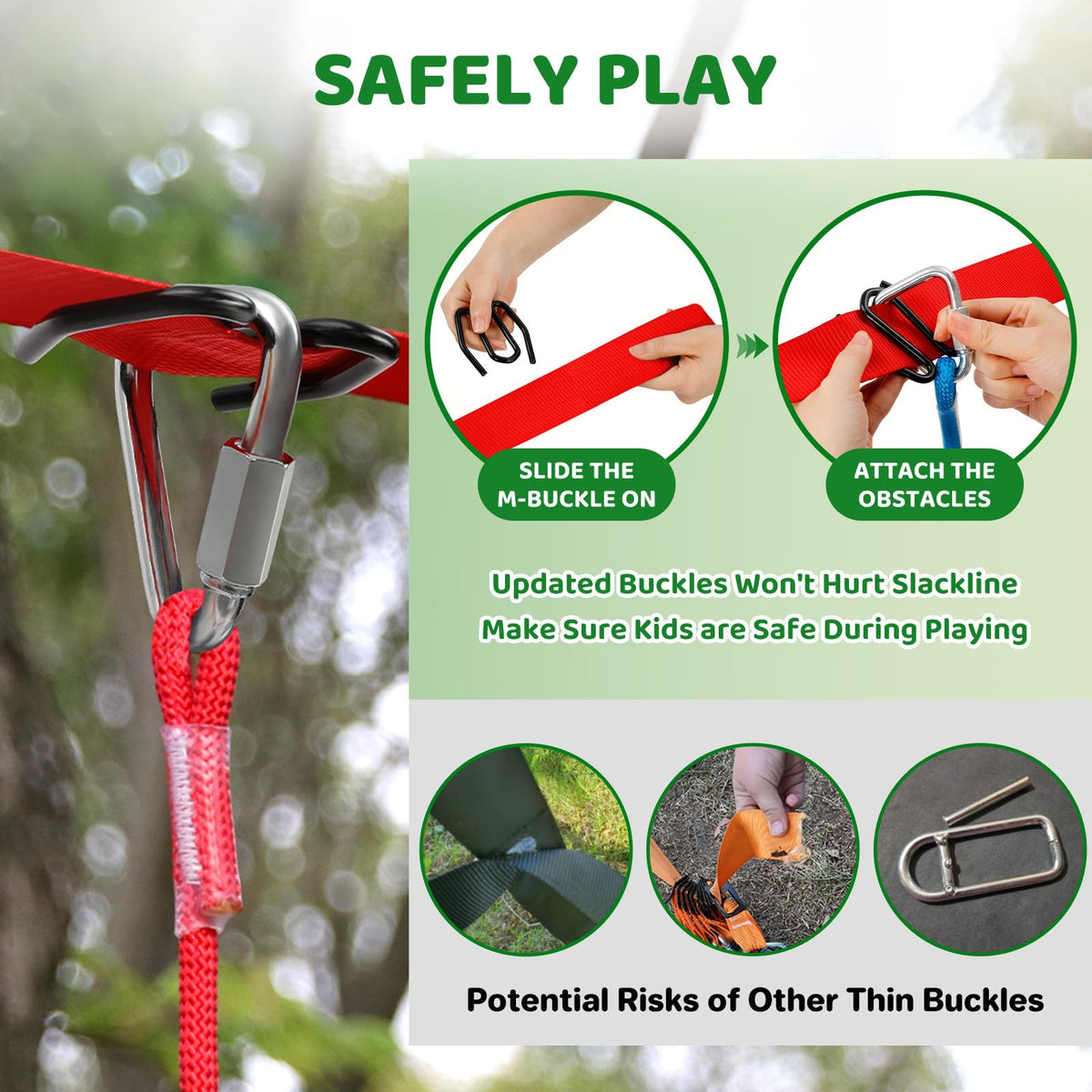Dripex 65ft slackline assembly showing flexible obstacle layout and spacing.
