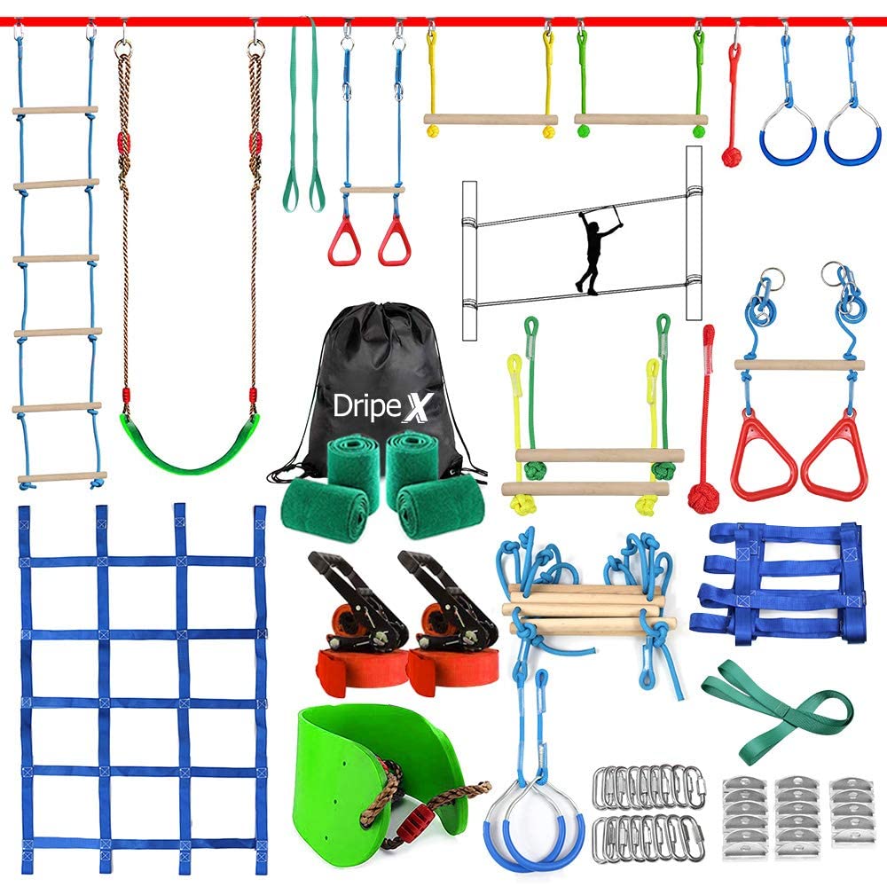 Dripex Ninja Line backyard setup showing slackline layout for kids' outdoor fun and balance.