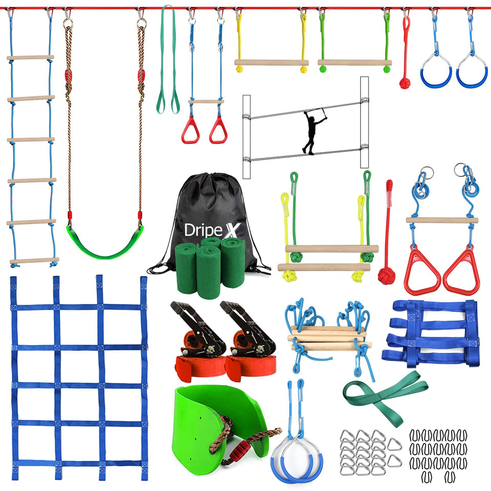 Dripex Ninja Warrior obstacle backyard setup for active outdoor play and balance.