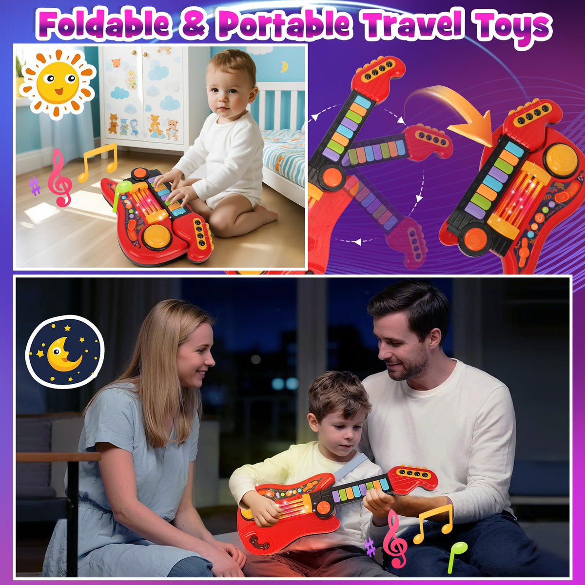 Drmukie Kids Guitar Toy includes cheering sounds for a playful learning vibe.