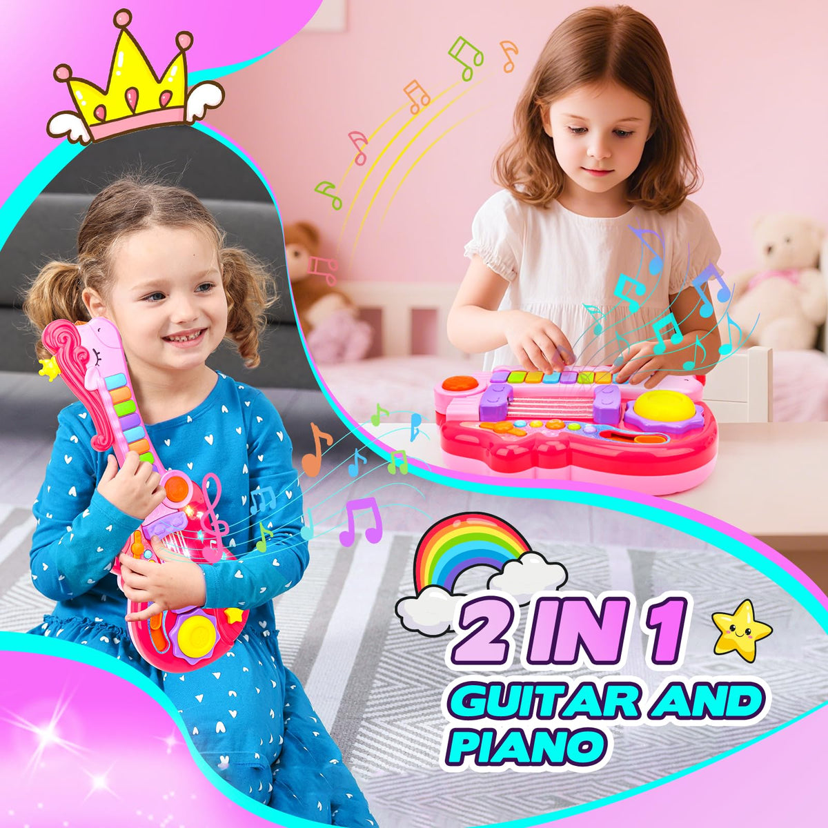 Drmukie guitar toy with foldable no-string design reduces scratch risk for little hands.