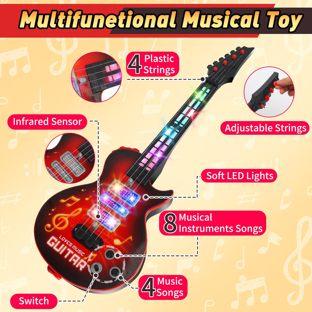 Drmukie guitar toy red infrared sensor provides responsive rhythm feedback