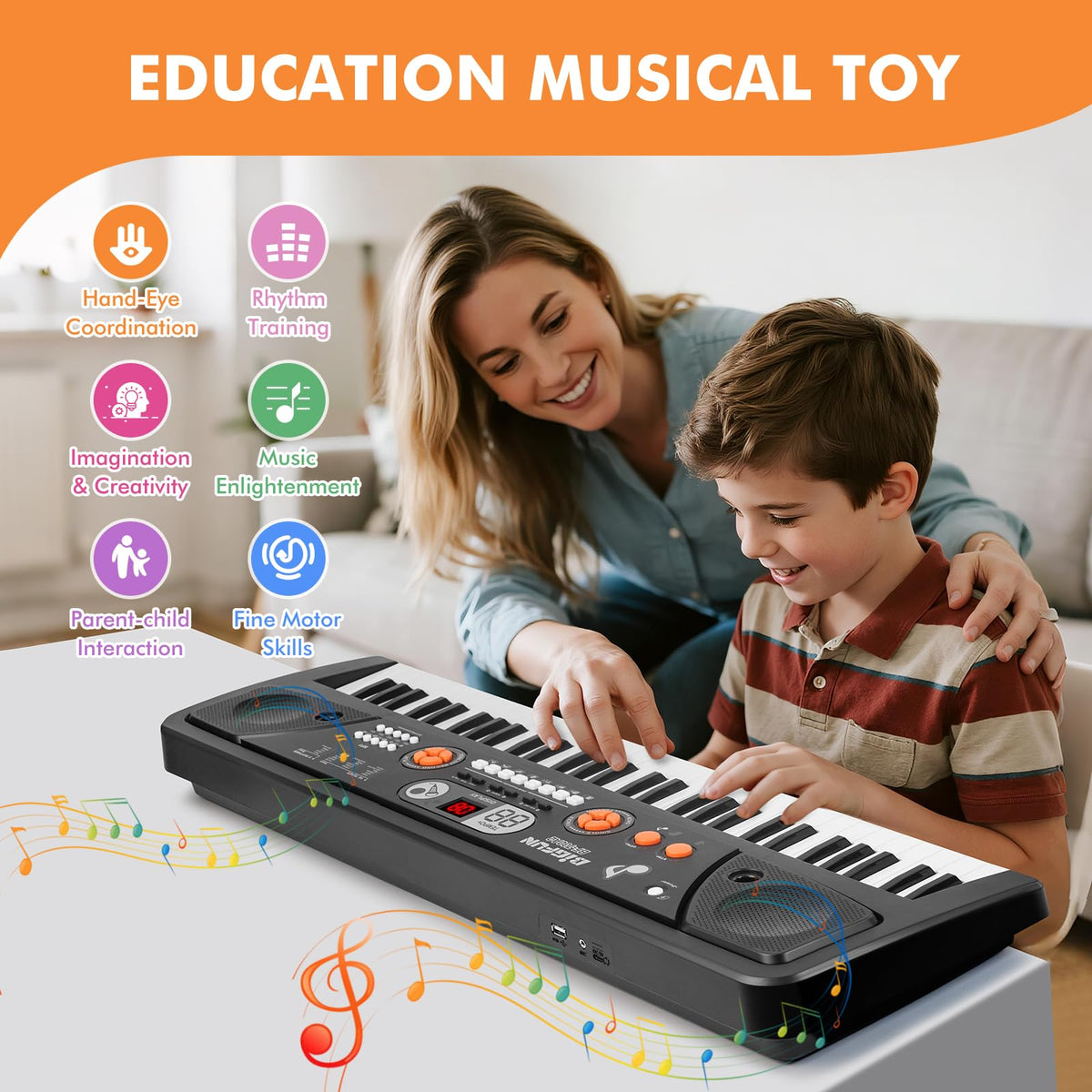 Drmukie kids keyboard with microphone and LCD display for sing-along practice.