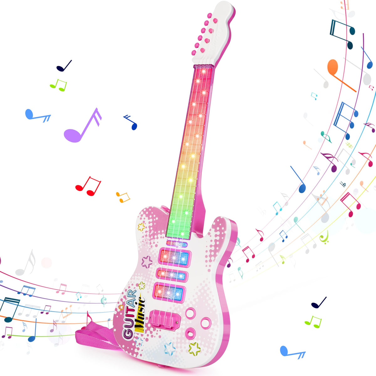 Drmukie Kids Pink Guitar Toy front view inviting imaginative play and musical exploration