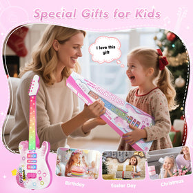Drmukie Kids Pink Guitar Toy lights on during play enhancing rhythm awareness