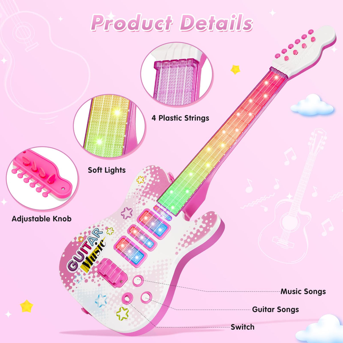 Drmukie pink guitar toy with strap ready for portable play on the go