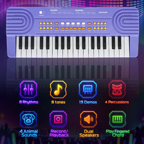 Drmukie piano keyboard toy demos display showcasing built-in melodies and rhythms