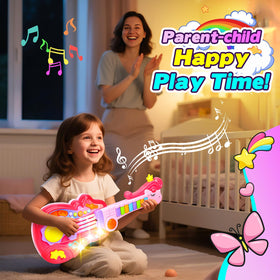 Drmukie strap-adjustable toddler guitar fits comfortably during playtime.
