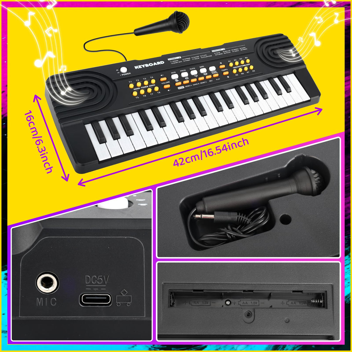 Drmukie upgraded 37-key keyboard toy battery access view showing power options