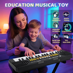 Drmukie upgraded 37-key keyboard toy microphone in use for pretend concerts