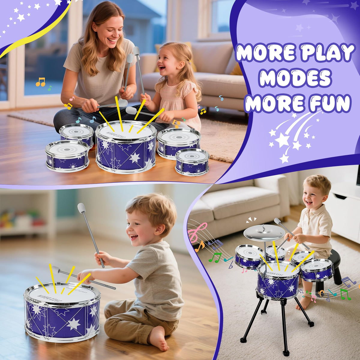 Drmukie foam-tipped drumsticks protect small hands and surfaces.