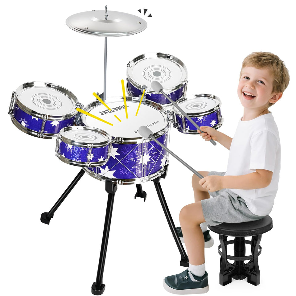 Drmukie drum set with stool for toddlers promotes safe, seated play.