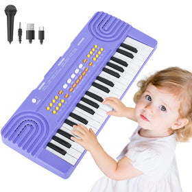 Drmukie upgraded piano keyboard toy front view showing bright purple keys for imaginative music play