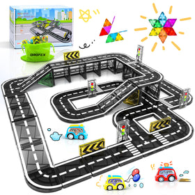 Drofex 82-piece magnetic road tiles laid out for imaginative city building