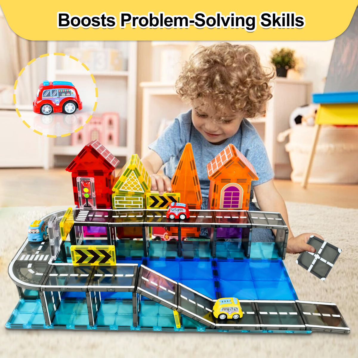 Magnetic vehicle pieces for dynamic road scenes with Drofex tiles