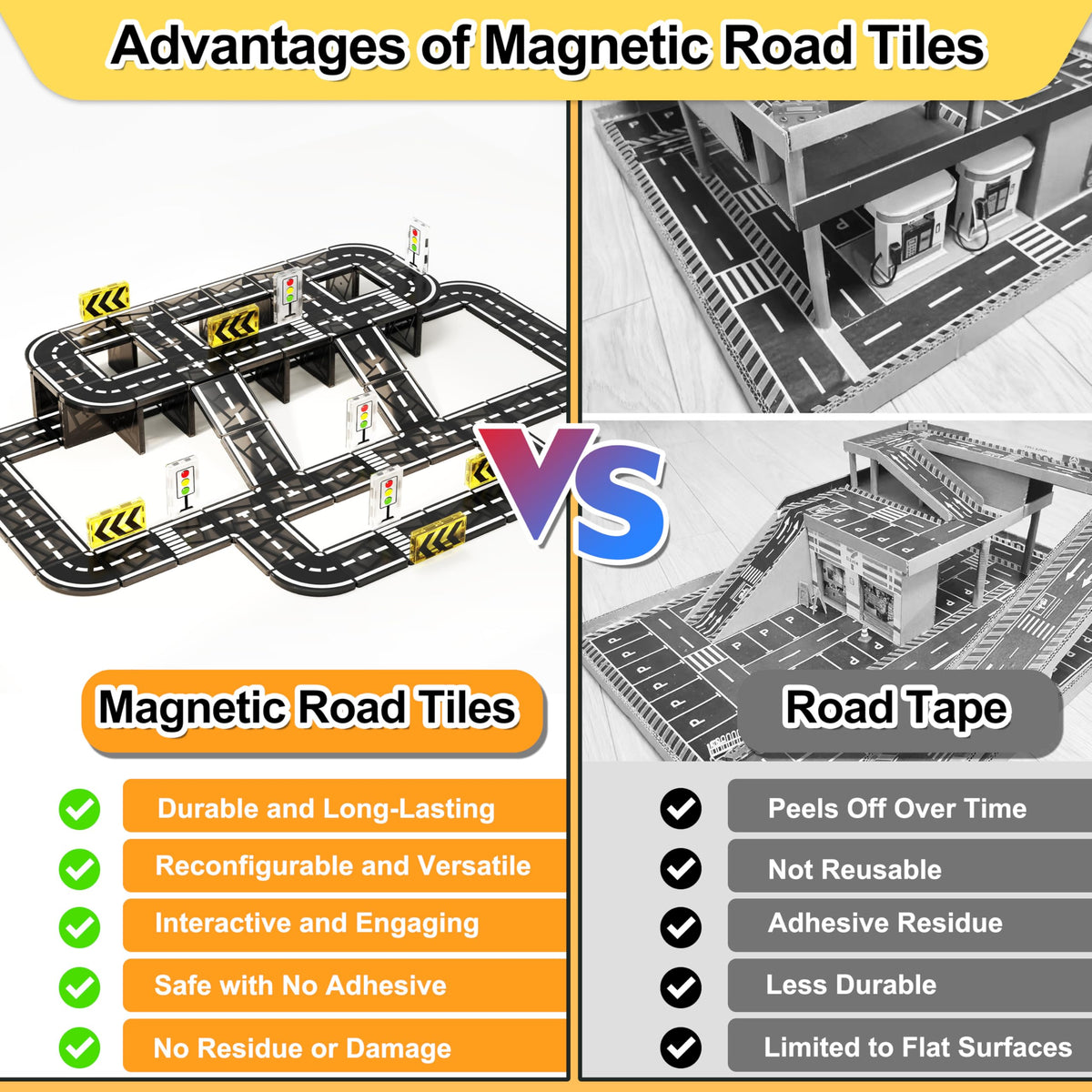 Quick-assembly play area with Drofex magnetic road tiles