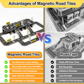 Quick-assembly play area with Drofex magnetic road tiles