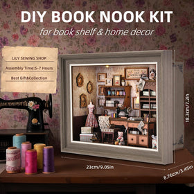 DROICC Book Nook Kit tall cabinet with fabric bolts anchors the scene