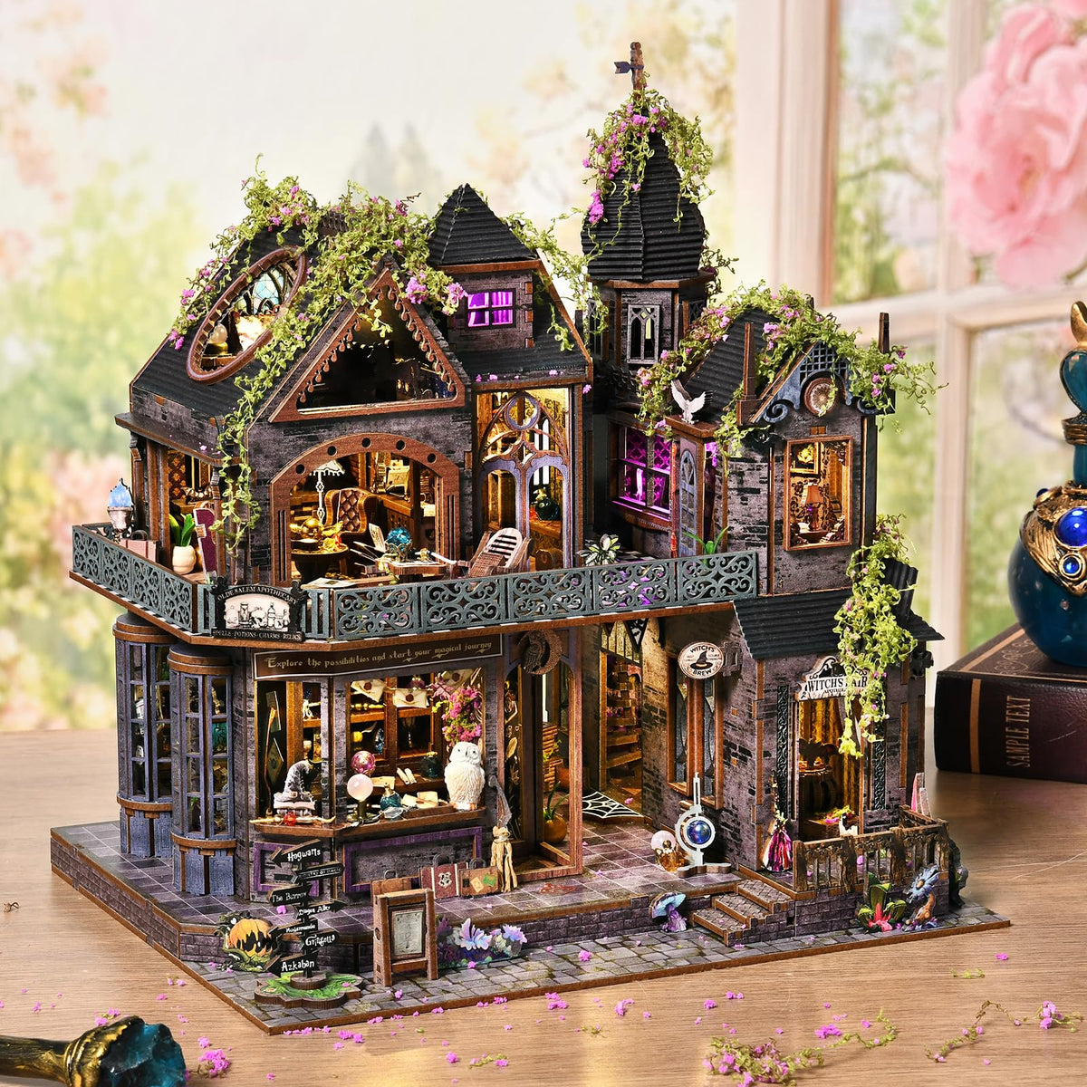 DROICC DIY miniature Gothic castle exterior highlights textured walls for a striking shelf display.