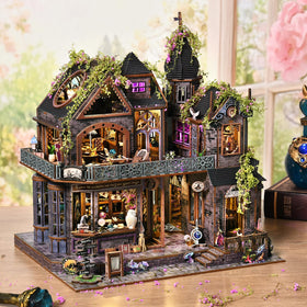 DROICC DIY miniature Gothic castle exterior highlights textured walls for a striking shelf display.