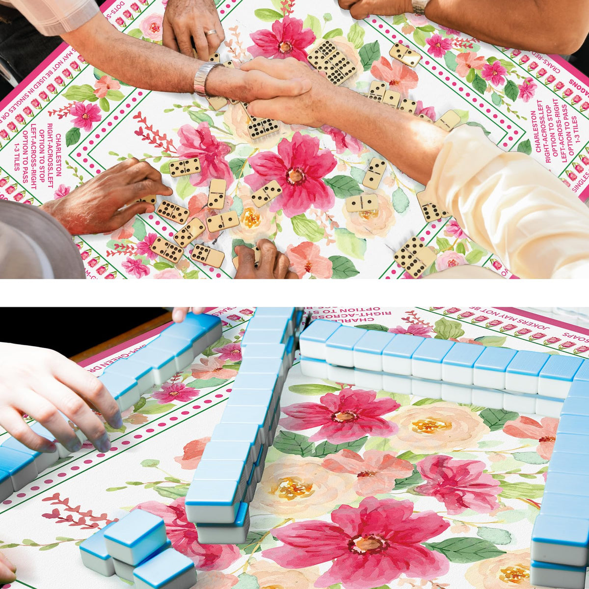 Drydiet Floral Mahjong Mat sized 80 by 80 centimeters on a table.