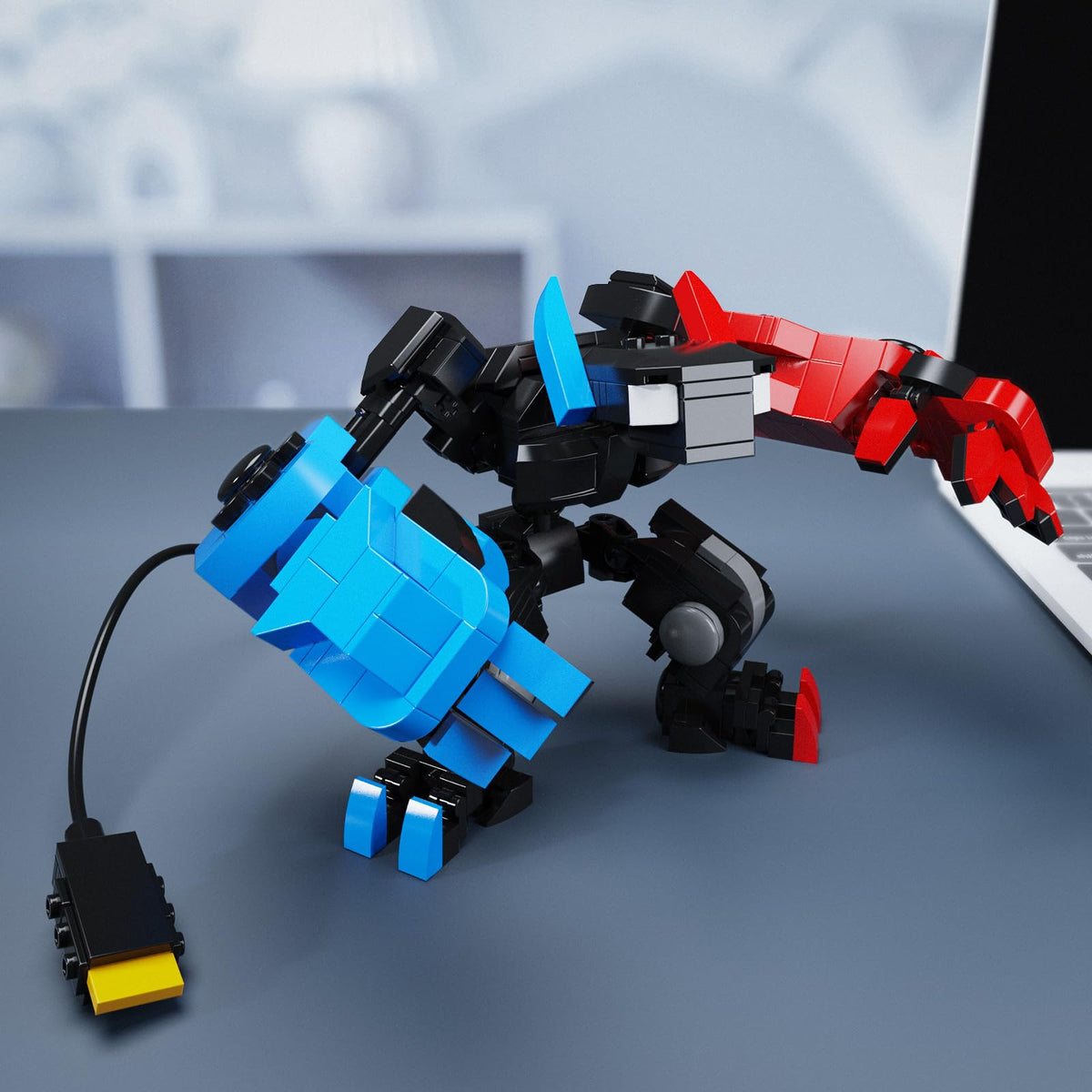 DRZYJ mech robot assembly featuring red and blue pieces for detailed construction