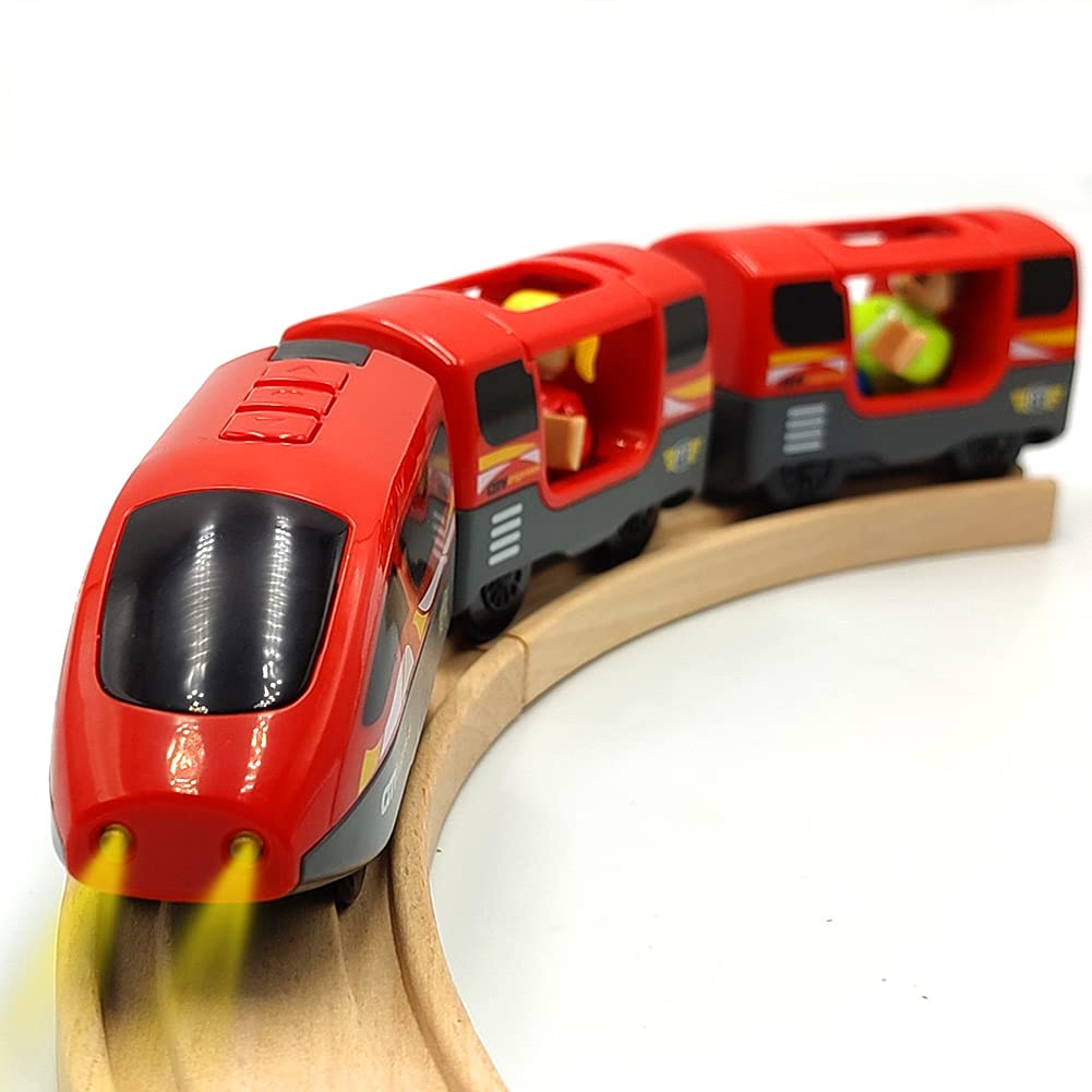 DSHMIXIA red battery-operated locomotive for imaginative play on wooden tracks